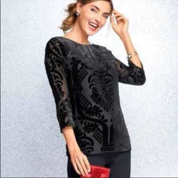 Talbots black velvet paisley burnout top with sheer arms Small - Picture 2 of 13